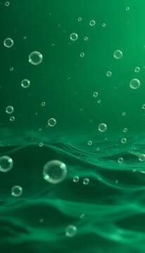 Abstract background with bubbles and wavy lines on dark green background. Dark green background with bubbles and soft wavy lines, creating a sense of depth and freshness. Suitable for eco-cosmetics.