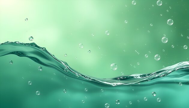 Abstract background with water bubbles and wave on green background. Light green background with a transparent wave and water bubbles. Concept of freshness, purity, and natural care.