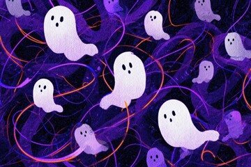 Whimsical Ghostly Gathering - Cartoon Ghosts Floating Amidst Purple Swirls, Halloween Illustration.