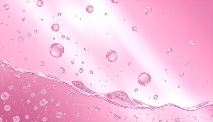 Pink background with water bubbles. Bright pink background with transparent water bubbles. Concept of freshness, hydration, and femininity. Perfect for cosmetics and skincare advertising.