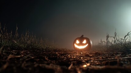 Eerie Jack-o-Lanterns Fiery Grin Illuminates Dark, Misty Autumn Field on Spooky Halloween Night.