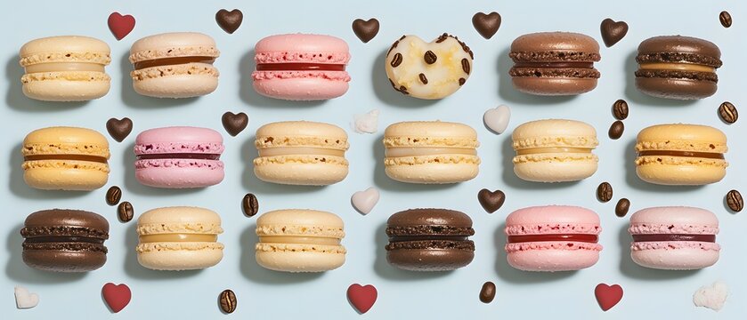 Colorful macarons and heart shaped chocolate confectionery top view on blue background