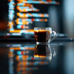 Coffee reflects code as a programmer sips during a late-night brainstorming session
