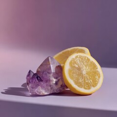 Sliced lemon and amethyst crystal basking in soft lavender tones