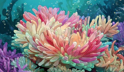 A vibrant illustration of coral and anemones in a serene underwater setting