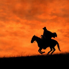 Rider on horseback against a fiery orange sky, cloak flowing in the wind at sunset