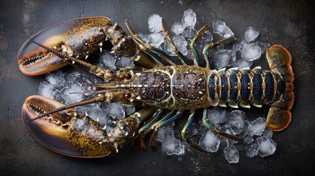 Fresh spiny lobster or sea crayfish on crash ice, preparation for cooking common Mediterranean lobster on concrete gray background, view from above, close up