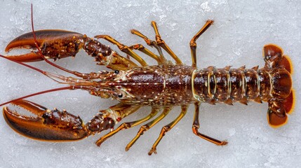 Fresh spiny lobster or sea crayfish on crash ice, preparation for cooking common Mediterranean lobster on concrete gray background, view from above, close up