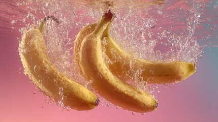 Bouncing bananas create splashes in soft pink-yellow waters during a playful underwater moment