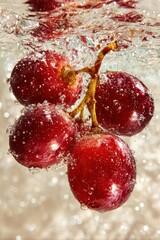 Red grapes dancing in underwater sparkle against a soft cream backdrop