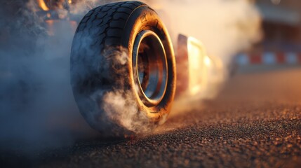 Go-kart tire smoking and burning rubber during thrilling acceleration on the racetrack