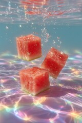 Three delicate watermelon cubes sinking gracefully in shimmering water with soft pastel colors