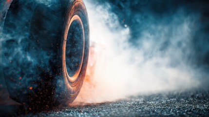 Powerful acceleration captured in a go-kart tire burning rubber on a heated racetrack