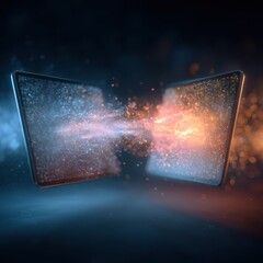 Business tablets exchanging digital particles create a dynamic synergy in an abstract setting