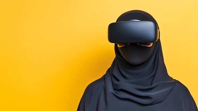 Muslim woman in hijab wears VR headset against bright yellow background, experiencing virtual reality. - Powered by Adobe