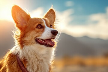 Tiny corgi gazes at the golden horizon under a vast, open sky with gentle lens flare effects