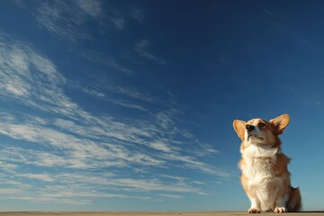 Corgi enjoys a tranquil moment under the vast sky at golden horizon
