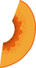 A stylized sliced papaya segment with black seeds
