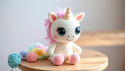 Cute handmade crochet monster unicorn toy, colorful yarn, whimsical design, studio or lifestyle setting.
