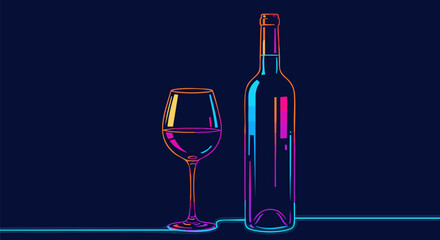Neon wine bottle and glass outline on a dark background in a modern art style