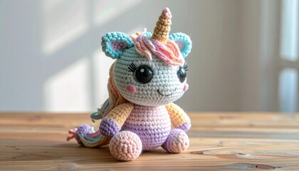 Cute handmade crochet monster unicorn toy, colorful yarn, whimsical design, studio or lifestyle setting.