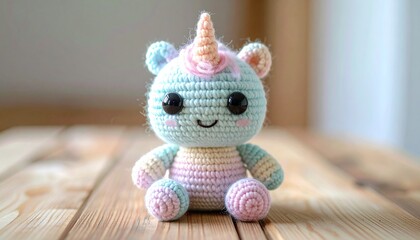 Cute handmade crochet monster unicorn toy, colorful yarn, whimsical design, studio or lifestyle setting.
