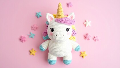 Cute handmade crochet monster unicorn toy, colorful yarn, whimsical design, studio or lifestyle setting.