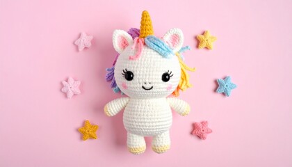 Cute handmade crochet monster unicorn toy, colorful yarn, whimsical design, studio or lifestyle setting.