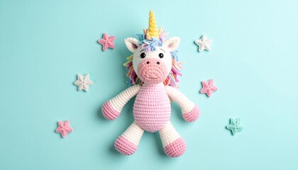 Cute handmade crochet monster unicorn toy, colorful yarn, whimsical design, studio or lifestyle setting.