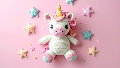 Cute handmade crochet monster unicorn toy, colorful yarn, whimsical design, studio or lifestyle setting.