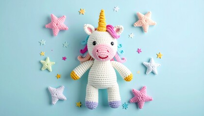 Cute handmade crochet monster unicorn toy, colorful yarn, whimsical design, studio or lifestyle setting.