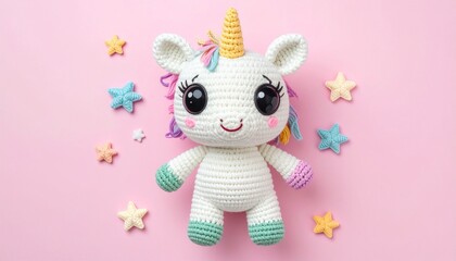 Cute handmade crochet monster unicorn toy, colorful yarn, whimsical design, studio or lifestyle setting.