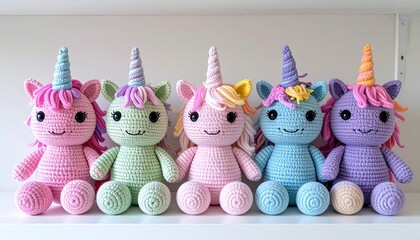 Cute handmade crochet monster unicorn toy, colorful yarn, whimsical design, studio or lifestyle setting.