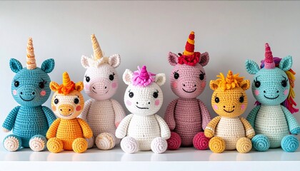 Cute handmade crochet monster unicorn toy, colorful yarn, whimsical design, studio or lifestyle setting.