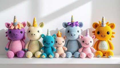 Cute handmade crochet monster unicorn toy, colorful yarn, whimsical design, studio or lifestyle setting.