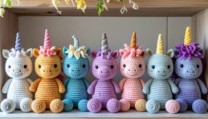 Cute handmade crochet monster unicorn toy, colorful yarn, whimsical design, studio or lifestyle setting.