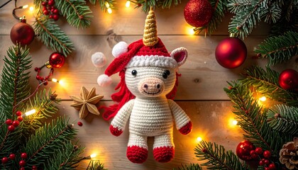 Cute handmade crochet monster unicorn toy, colorful yarn, whimsical design, studio or lifestyle setting.