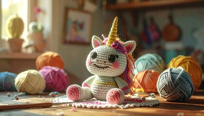 Cute handmade crochet monster unicorn toy, colorful yarn, whimsical design, studio or lifestyle setting.