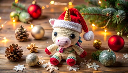 Cute handmade crochet monster unicorn toy, colorful yarn, whimsical design, studio or lifestyle setting.