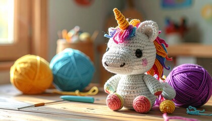 Cute handmade crochet monster unicorn toy, colorful yarn, whimsical design, studio or lifestyle setting.