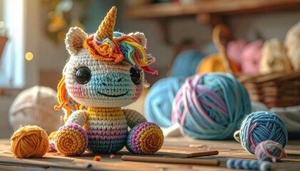 Cute handmade crochet monster unicorn toy, colorful yarn, whimsical design, studio or lifestyle setting.