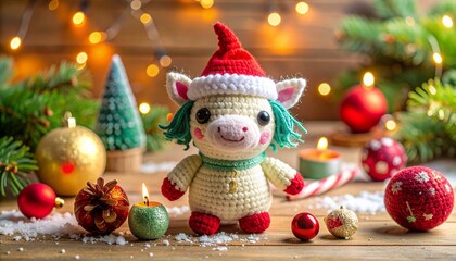 Cute handmade crochet monster unicorn toy, colorful yarn, whimsical design, studio or lifestyle setting.
