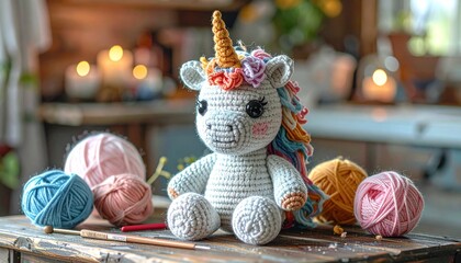 Cute handmade crochet monster unicorn toy, colorful yarn, whimsical design, studio or lifestyle setting.