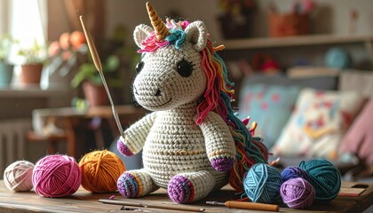 Cute handmade crochet monster unicorn toy, colorful yarn, whimsical design, studio or lifestyle setting.