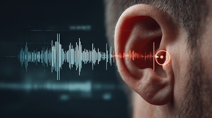 Futuristic interface analyzing sound waves entering a patient's ear, representing innovative hearing technology and advanced diagnostics in audiology research