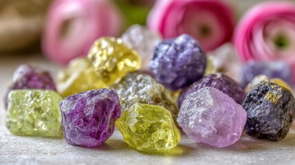 Gemstones for esoteric spiritual practice. Reiki therapy concept. Feng Shui, Healing Crystal Ritual, Witchcraft, Relax Chakra, litho therapy. Crystals with flower ranunculus on white table.