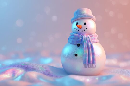 3D render of an aesthetic white holographic snowman with iridescent reflections and soft glow, minimalist winter holiday background with copy space for festive or creative design