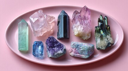 Gemstones for esoteric spiritual practice. Reiki therapy concept. Feng Shui, Healing Crystal Ritual, Witchcraft, Relax Chakra, litho therapy. Crystals with flower ranunculus on white table.