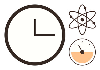 Circular clock, speedometer with needle, and atom structure. Ideal for science, technology, progress, measurement, time management, innovation and research themes in a simple flat metaphor