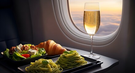 In-Flight Meal with Champagne at Sunset A Luxury Travel Experience